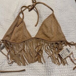 Windsor Tan Suede Fringe Halter Crop Top with Studs